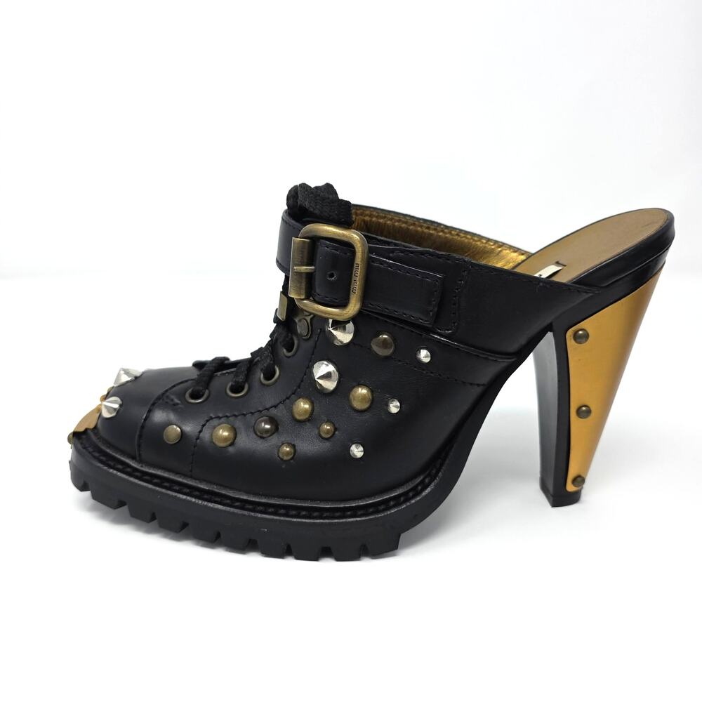 Miu Miu Vintage Studded Platform Mule Clog Heels Black Leather IT 36 US 6